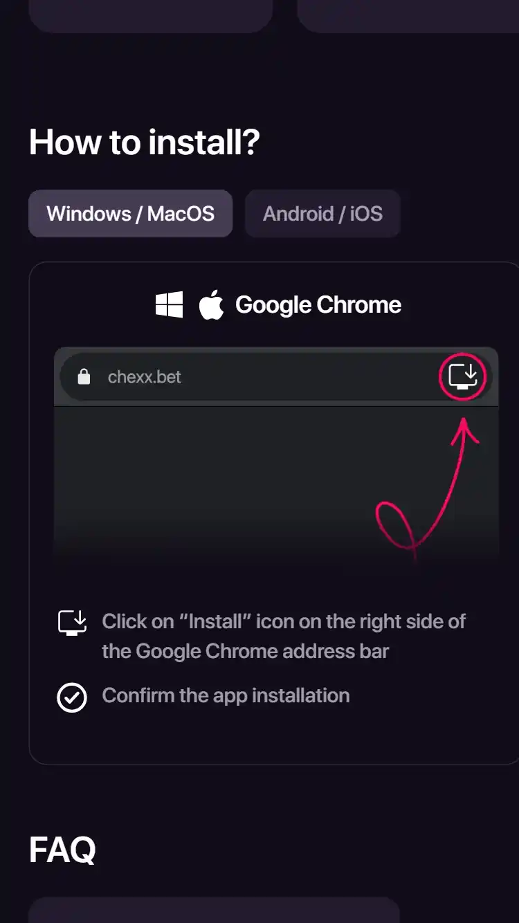 CHEXX official PWA installation page on a mobile device