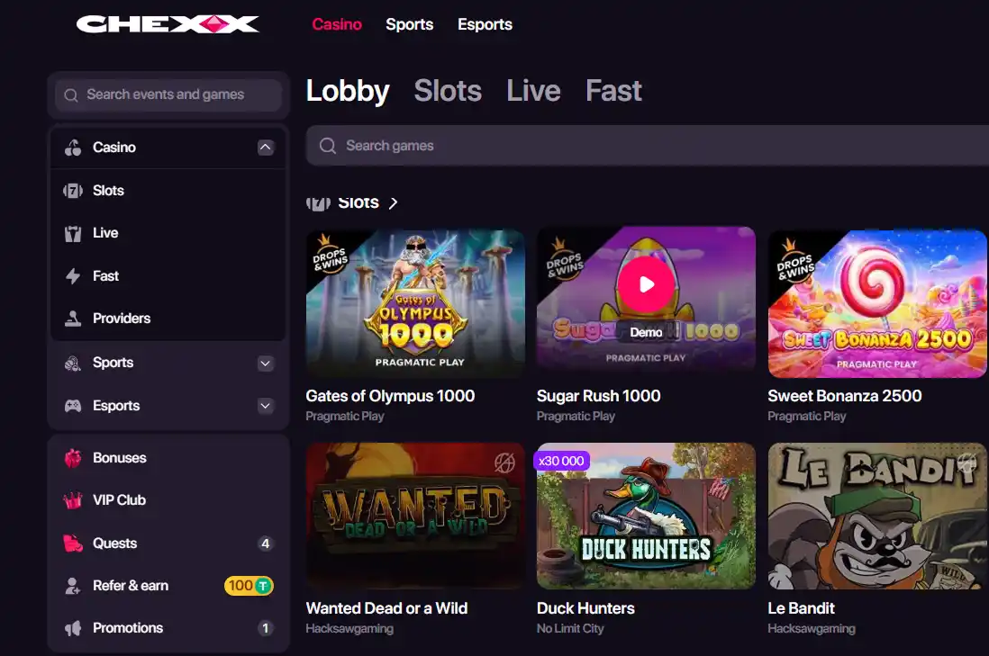 CHEXX casino games lobby interface view showing game categories and provider browsing