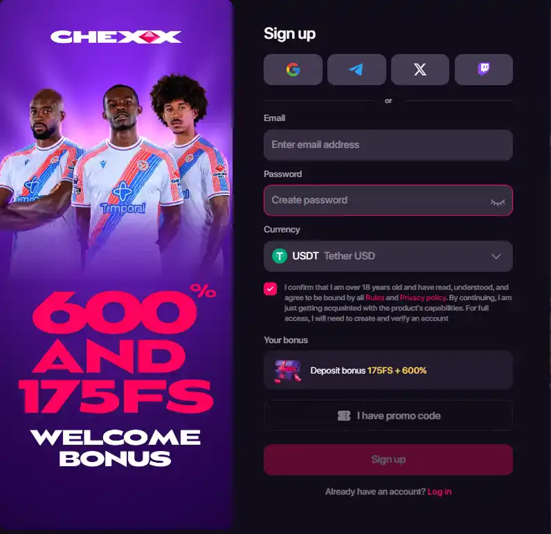 CHEXX registration interface for account signup