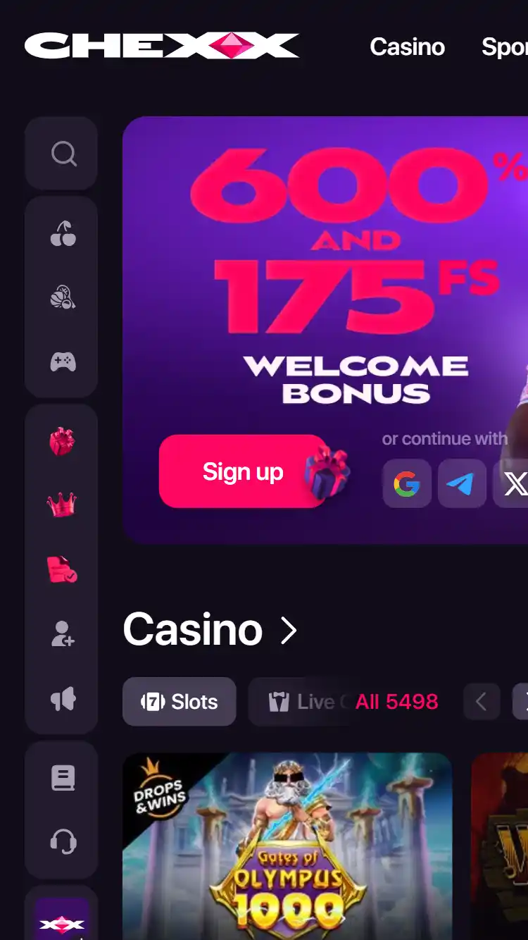 CHEXX live casino lobby interface view showing real dealer-game navigation